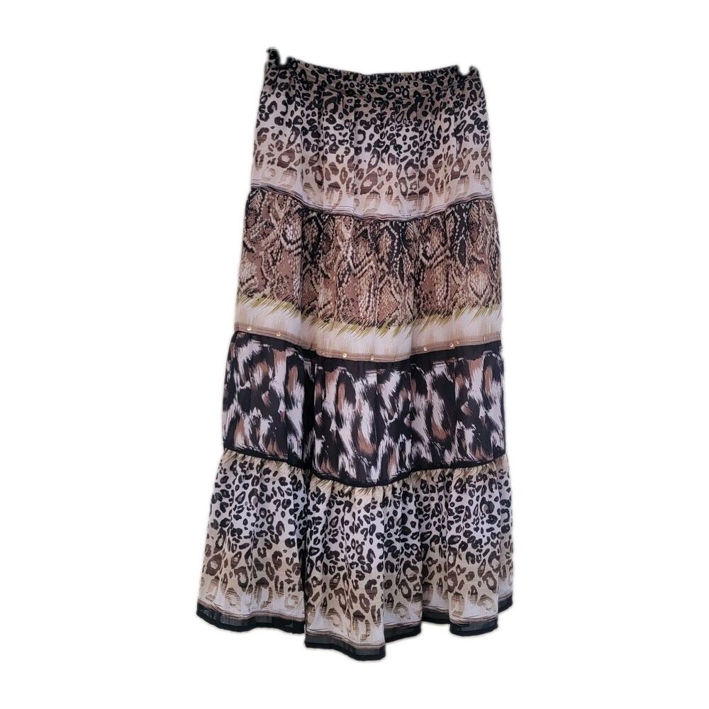 Wmns Tiered Boho Midi Skirt Mixed Print Elastic Waist Womens 4 Y2K Festival
